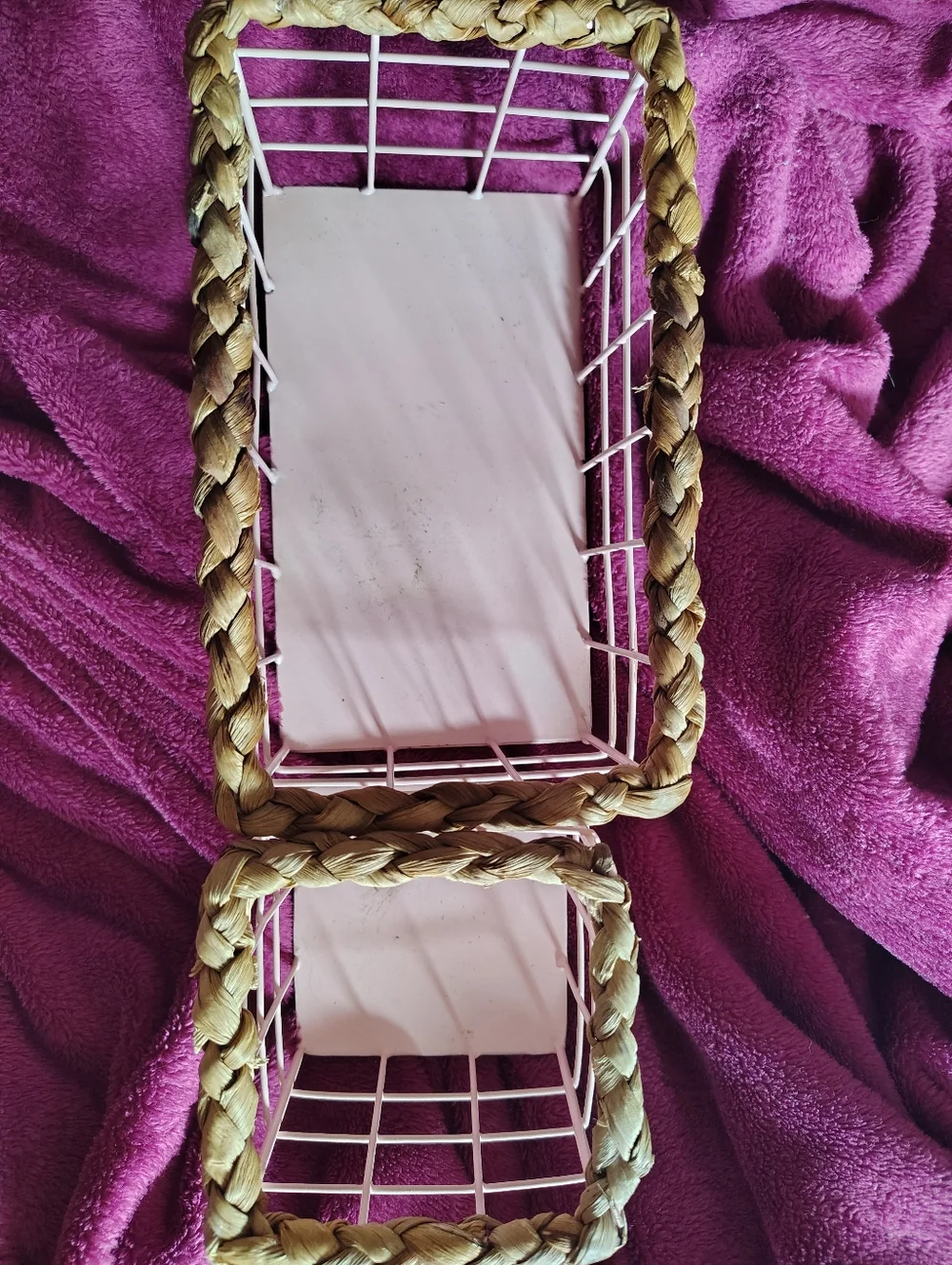 Set Of 2 Pink Wire Baskets With Rattan Braided To